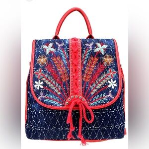 Montana West Embroidered Denim Backpack with Red Accents NWT